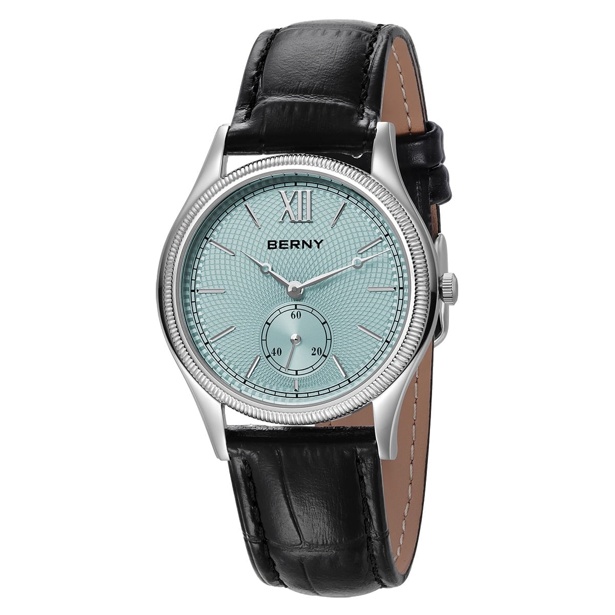 BERNY Silver Watch for Men, Ultra-Thin Minimalist Leather Watch, Stainless Steel Case, Waterproof Analog Quartz Watch, Business Dress Watches with Small Seconds (Light Blue)