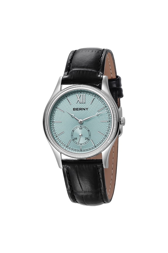 Silver Watch for Men, Ultra-Thin Minimalist Leather Watch, Stainless Steel Case, Waterproof Analog Quartz Watch, Business Dress Watches with Small Seconds (Light Blue)