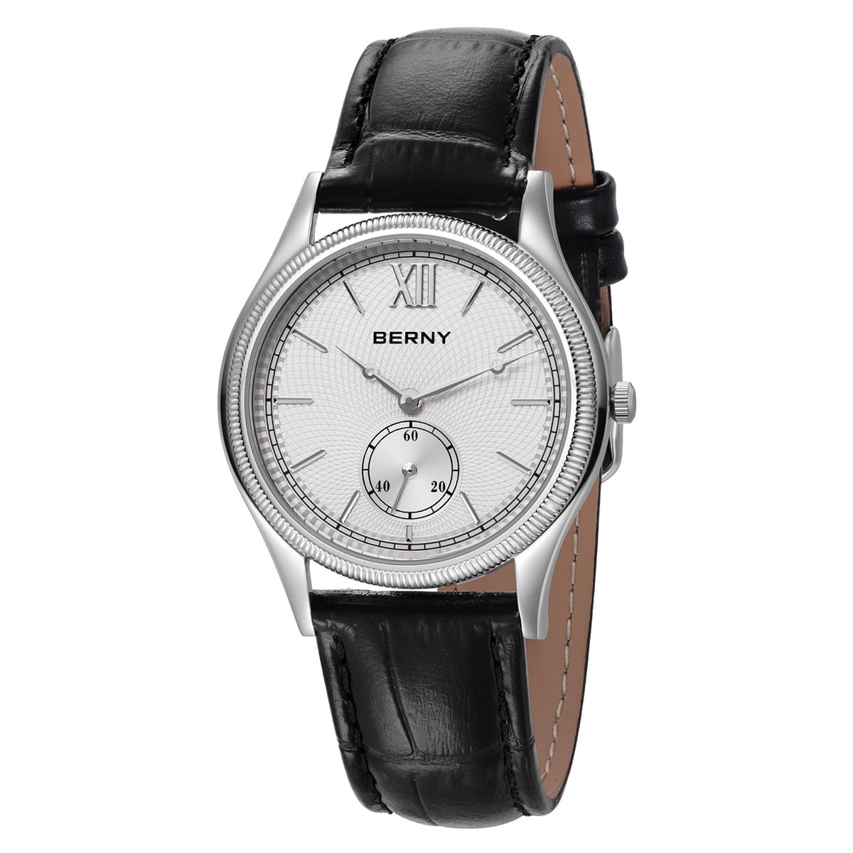 BERNY Silver Watch for Men, Ultra-Thin Minimalist Leather Watch, Stainless Steel Case, Waterproof Analog Quartz Watch, Business Dress Watches with Small Seconds (White)
