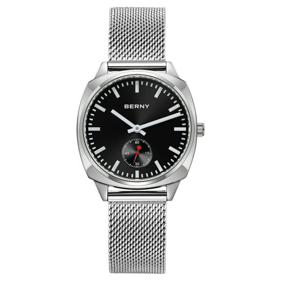 BERNY Silver Watch for Women Classic Female Wristwatch with Stainless Steel Mesh Band, Red Small Seconds Hands, Vintage Luxury Birthday Present-Sunray Black Dial