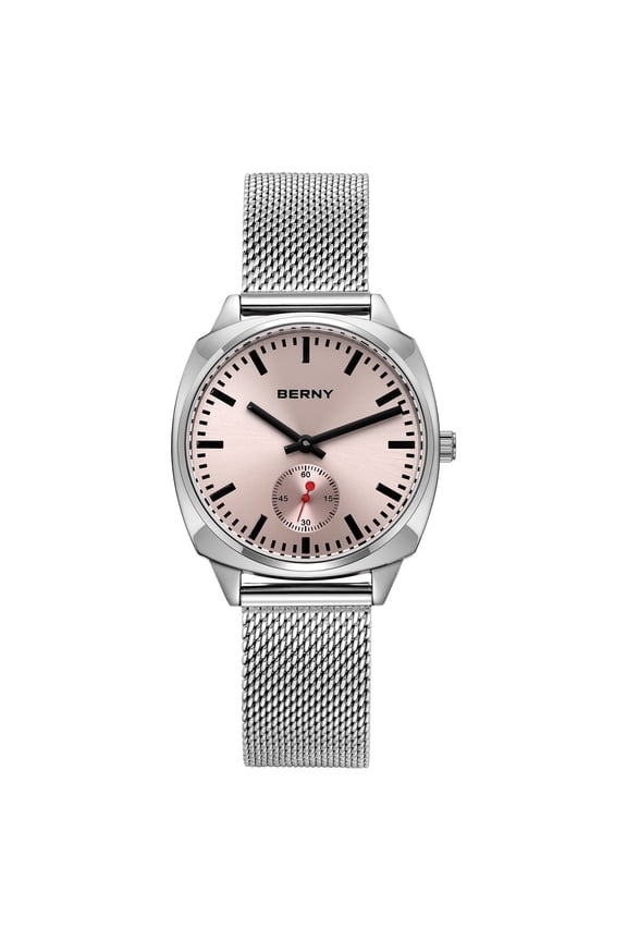 Silver Watch for Women Classic Female Wristwatch with Stainless Steel Mesh Band, Red Small Seconds Hands, Vintage Luxury Birthday Present-Sunray Pink Dial