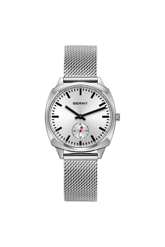 Silver Watch for Women Classic Female Wristwatch with Stainless Steel Mesh Band, Red Small Seconds Hands, Vintage Luxury Birthday Present-Sunray White Dial