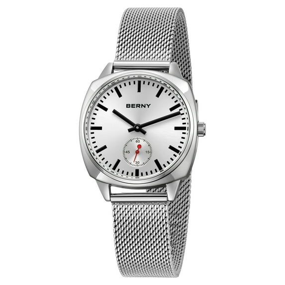 BERNY Silver Watch for Women Classic Female Wristwatch with Stainless Steel Mesh Band, Red Small Seconds Hands, Vintage Luxury Birthday Present-Sunray White Dial