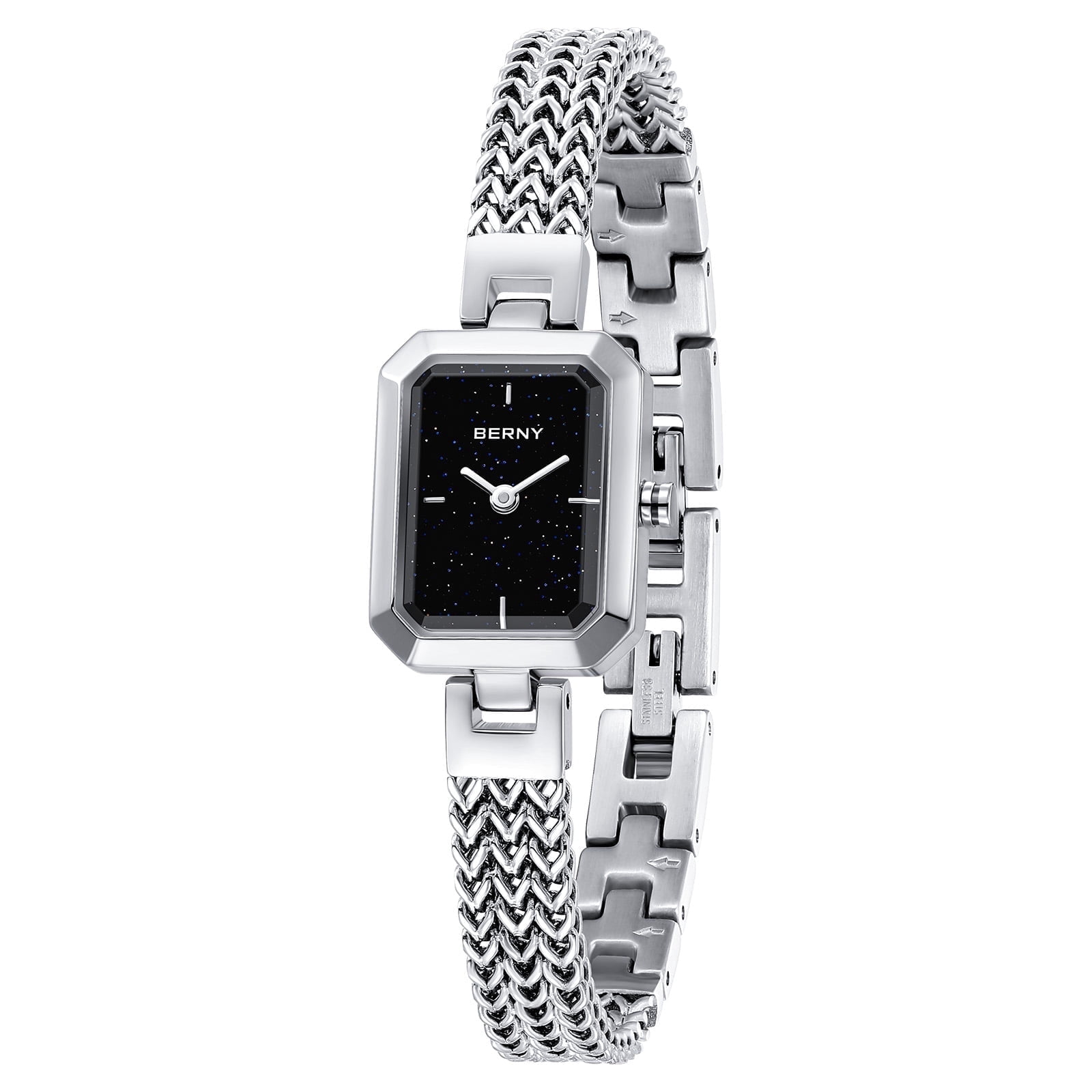 BERNY Small Silver Watches for Women, Dainty Minimalist Quartz Watch with Square Dial, Bracelet Band, Waterproof Watch Mother's Day Gift for Women (Black)