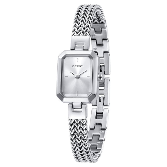 BERNY Small Silver Watches for Women, Dainty Square Dial, Stainless Steel Bracelet Wristwatch, Waterproof Watch Mother's Day Gift for Women (Silver)