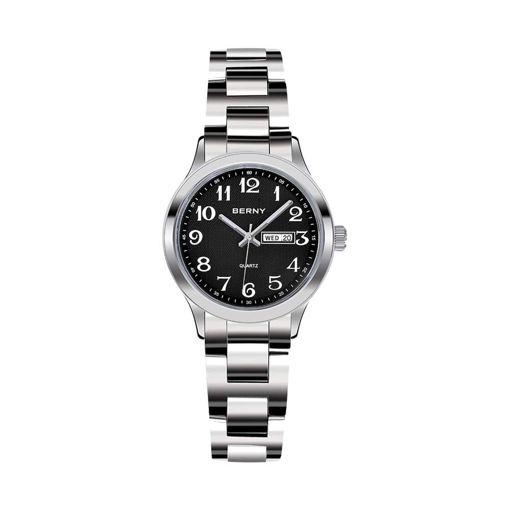 BERNY Silver Watch for Women, Fashion Easy to Read Ladies Analog Quartz Wrist Watch with Day & Date Calendar, Luminous, Stainless Steel, Waterproof, Business Dress Women's Watches (Black)