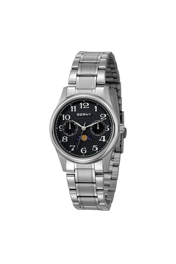 Silver Watch for Women, MultiFunction Moon Phase Watch with Day Date, Stainless Steel, Easy to Read, Waterproof, Dress Ladies Analog Quartz Wrist Watches (Black)