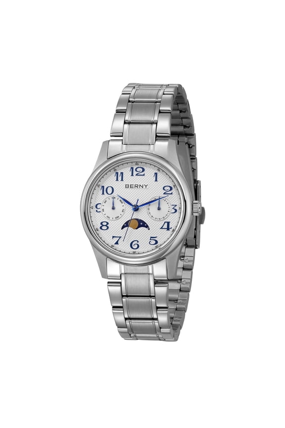 Silver Watch for Women, Fashion Moon Phase Watches with Arabic Numerals Dial, Date Day Calendar, 3ATM Waterproof, Luxury Analog Quartz Women Wristwatch, White
