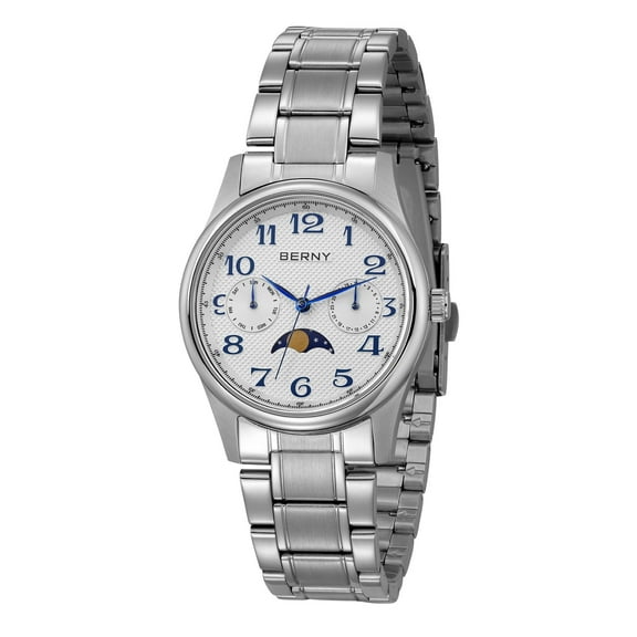 BERNY Silver Watch for Women, MultiFunction Moon Phase Watch with Day Date, Stainless Steel, Easy to Read, Waterproof, Dress Ladies Analog Quartz Wrist Watches (White)