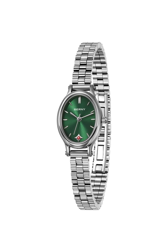 Small Silver Watches for Women, Dainty Luxury Oval Sunray Dial, Stainless Steel Bracelet Watch, Adjustment Tool Included, Waterproof, Fashion Ladies Analog Quartz Wrist Watch Gifts (Green)