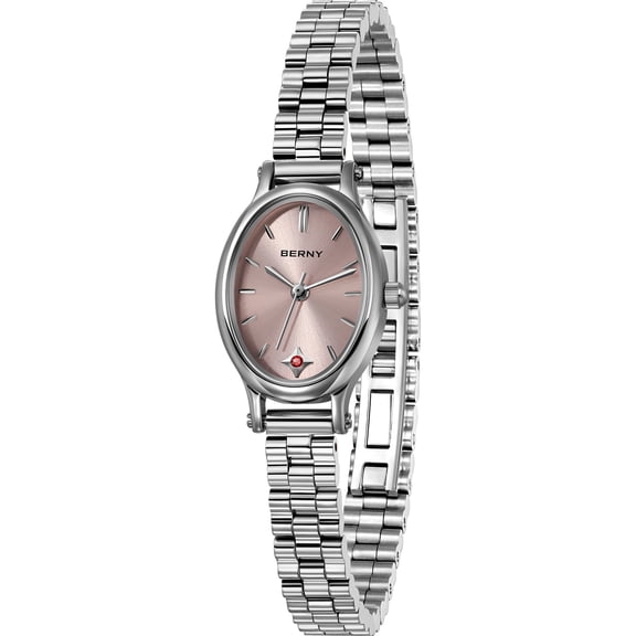 BERNY Small Silver Watches for Women, Dainty Luxury Oval Sunray Dial, Stainless Steel Bracelet Watch, Adjustment Tool Included, Waterproof, Fashion Ladies Analog Quartz Wrist Watch Gifts (Pink)