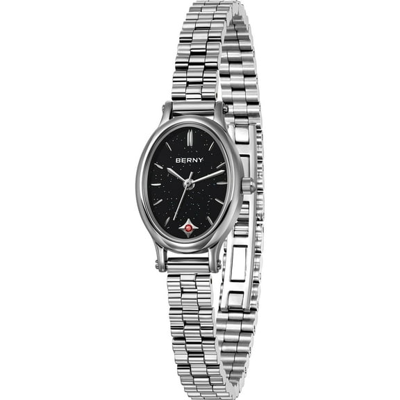 BERNY Small Silver Watches for Women, Dainty Luxury Oval Dial Stainless Steel Bracelet Watch, Adjustment Tool Included, Waterproof, Fashion Ladies Analog Quartz Wrist Watch Gifts (Black)