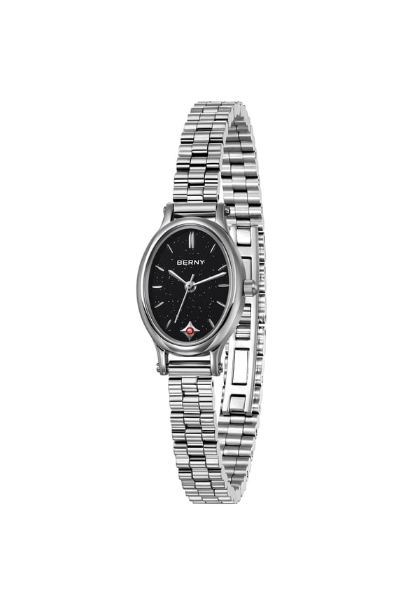 Small Silver Watches for Women, Dainty Luxury Oval Dial Stainless Steel Bracelet Watch, Adjustment Tool Included, Waterproof, Fashion Ladies Analog Quartz Wrist Watch Gifts (Black)
