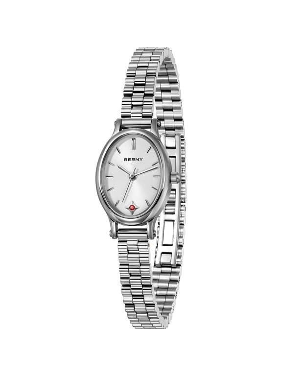 Small Silver Watches for Women, Dainty Luxury Oval Sunray Dial, Stainless Steel Bracelet Watch, Adjustment Tool Included, Waterproof, Fashion Ladies Analog Quartz Wrist Watch Gifts (White)
