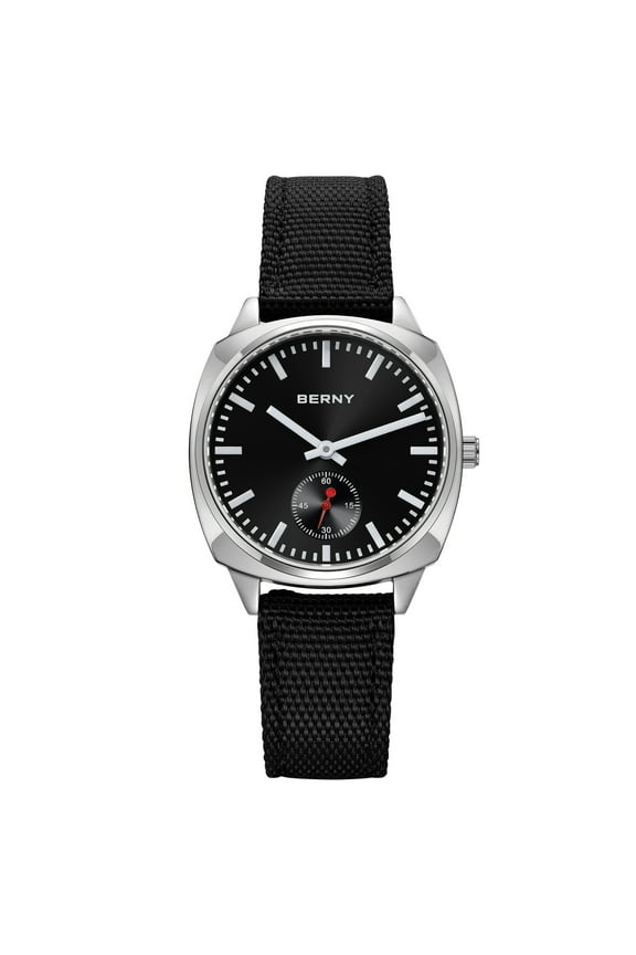 Silver Watch for Women Classic Female Wristwatch with Canvas Strap, Red Small Seconds Hands, Vintage Luxury Birthday Present-Sunray Black Dial