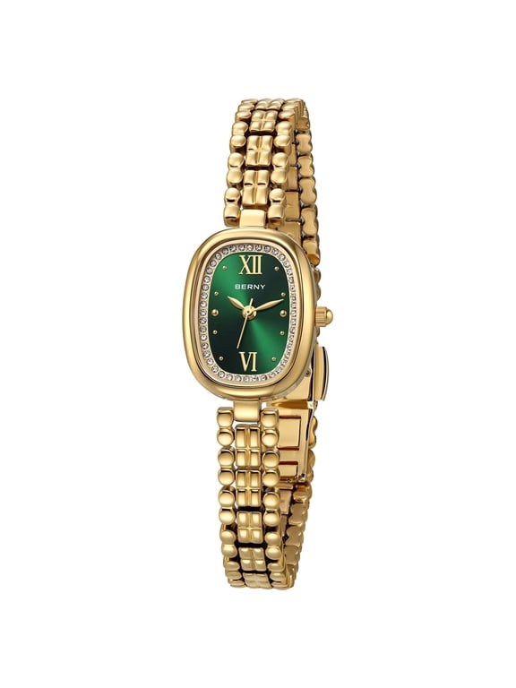 Small Gold Watches for Women, Fashion Analog Quartz Watch with Oval Dial, 3ATM Waterproof, Vintage Minimalist Ladies Wristwatch, Green