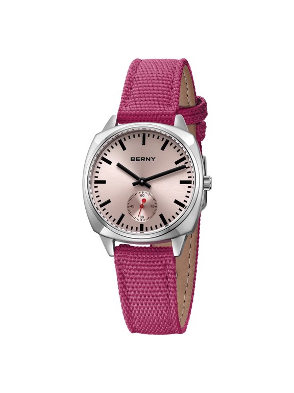Silver Watch for Women, Casual Ladies Analog Quartz Watch with Canvas Strap, 3ATM Water Resistant, Small Seconds Hands-Dial, Classic Womens Wristwatch Gifts (Pink)