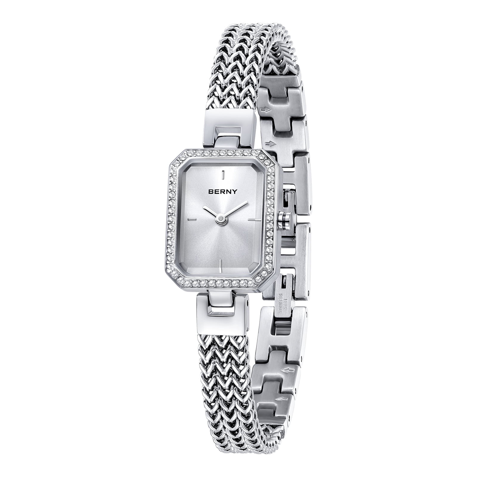 BERNY Silver Watches for Women, Dainty Rectangle Ladies Quartz Wrist Watch with Stainless Steel Bracelet Band, Waterproof Fashion Analog Women Watch Luxury Gift, Silver