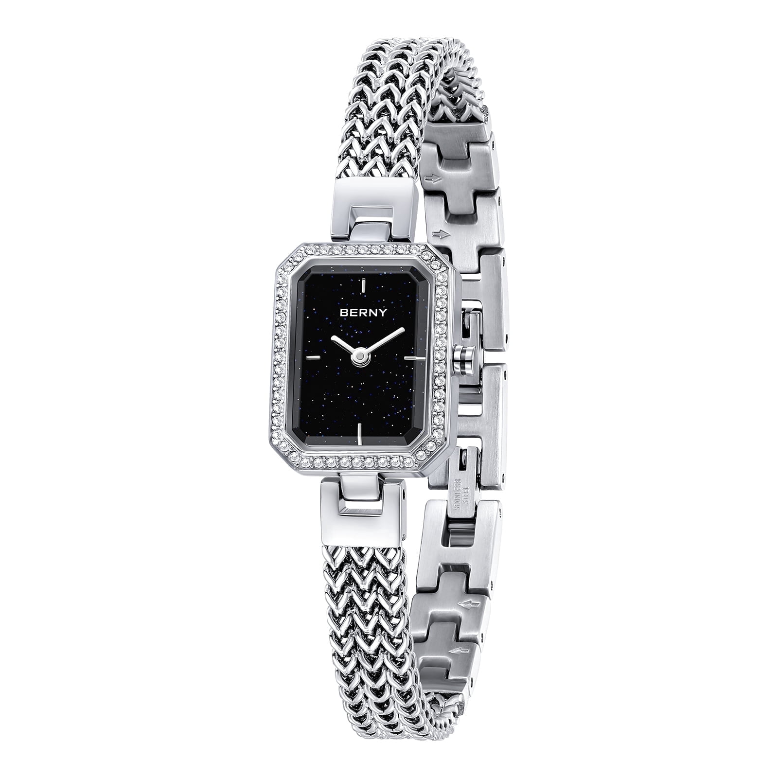BERNY Silver Watches for Women, Dainty Rectangle Ladies Quartz Wrist Watch with Stainless Steel Bracelet Band, Waterproof Fashion Analog Women Watch Luxury Gift, Black