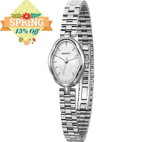 BERNY Small Silver Watches for Women, Dainty Vintage Irregular Oval Dial, Stainless Steel Bracelet Watch, Adjustment Tool Included, Waterproof, Minimalist Ladies Analog Quartz Wrist Watch (White)