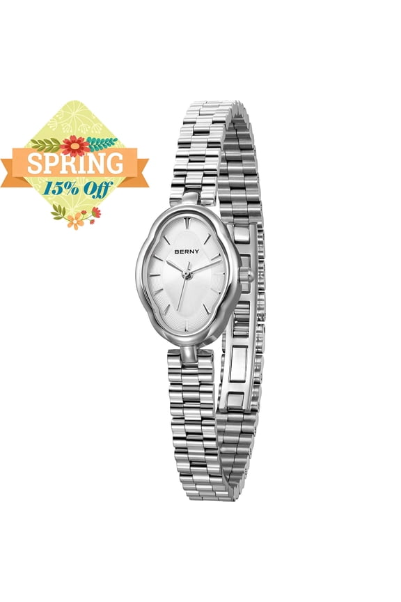 Small Silver Watches for Women, Dainty Vintage Irregular Oval Dial, Stainless Steel Bracelet Watch, Adjustment Tool Included, Waterproof, Minimalist Ladies Analog Quartz Wrist Watch (White)