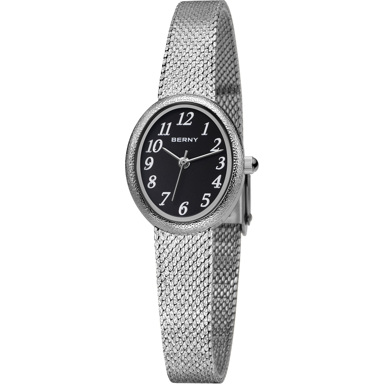 BERNY Small Silver Watches for Women, Dainty Easy to Read Oval Dial, Vintage Stainless Steel Bracelet Watch, Adjustable Mesh Band, Waterproof, Luxury Ladies Analog Quartz Wrist Watch Gifts (Black)