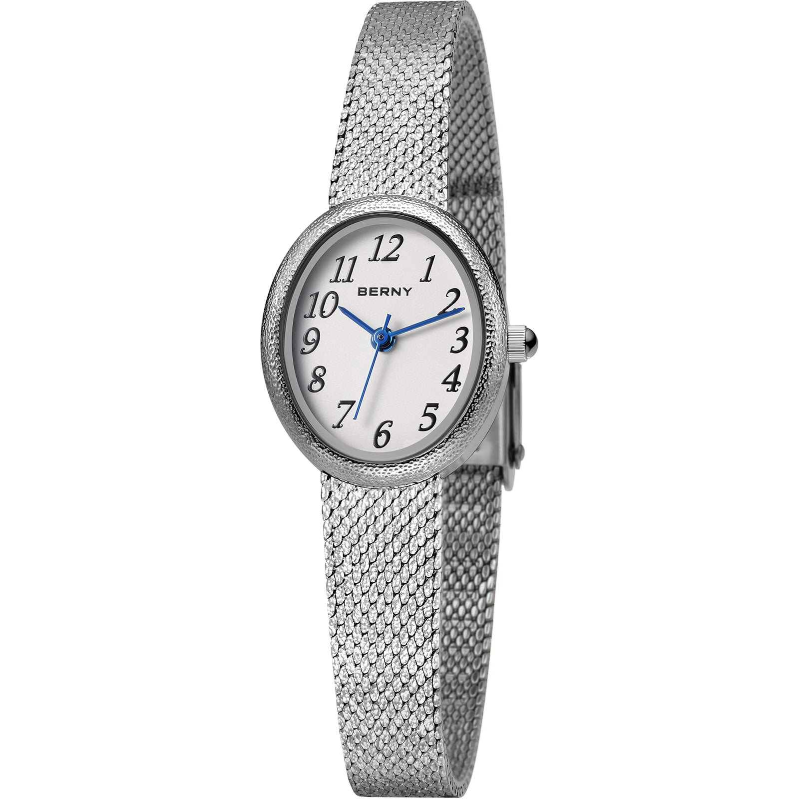 BERNY Small Silver Watches for Women, Dainty Easy to Read Oval Dial, Vintage Stainless Steel Bracelet Watch, Adjustable Mesh Band, Waterproof, Luxury Ladies Analog Quartz Wrist Watch Gifts (White)