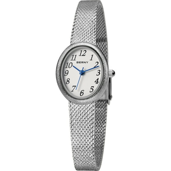 BERNY Silver Watches for Women, Dainty Vintage Oval Dial Stainless Steel Bracelet Watch, Adjustable Mesh Band, Easy to Read, Waterproof, Fashion Ladies Quartz Analog Small Watch Gifts (White)
