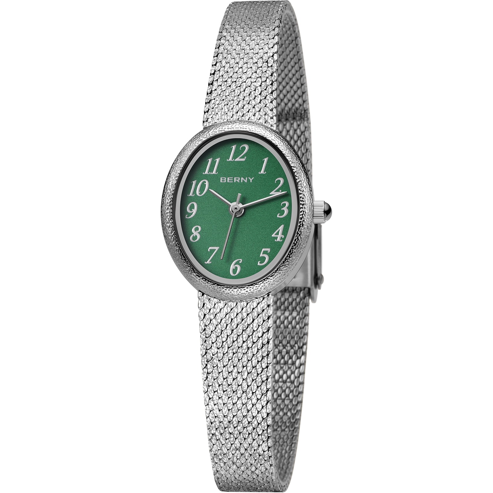 BERNY Small Silver Watches for Women, Dainty Easy to Read Oval Dial, Vintage Stainless Steel Bracelet Watch, Adjustable Mesh Band, Waterproof, Luxury Ladies Analog Quartz Wrist Watch Gifts (Green)