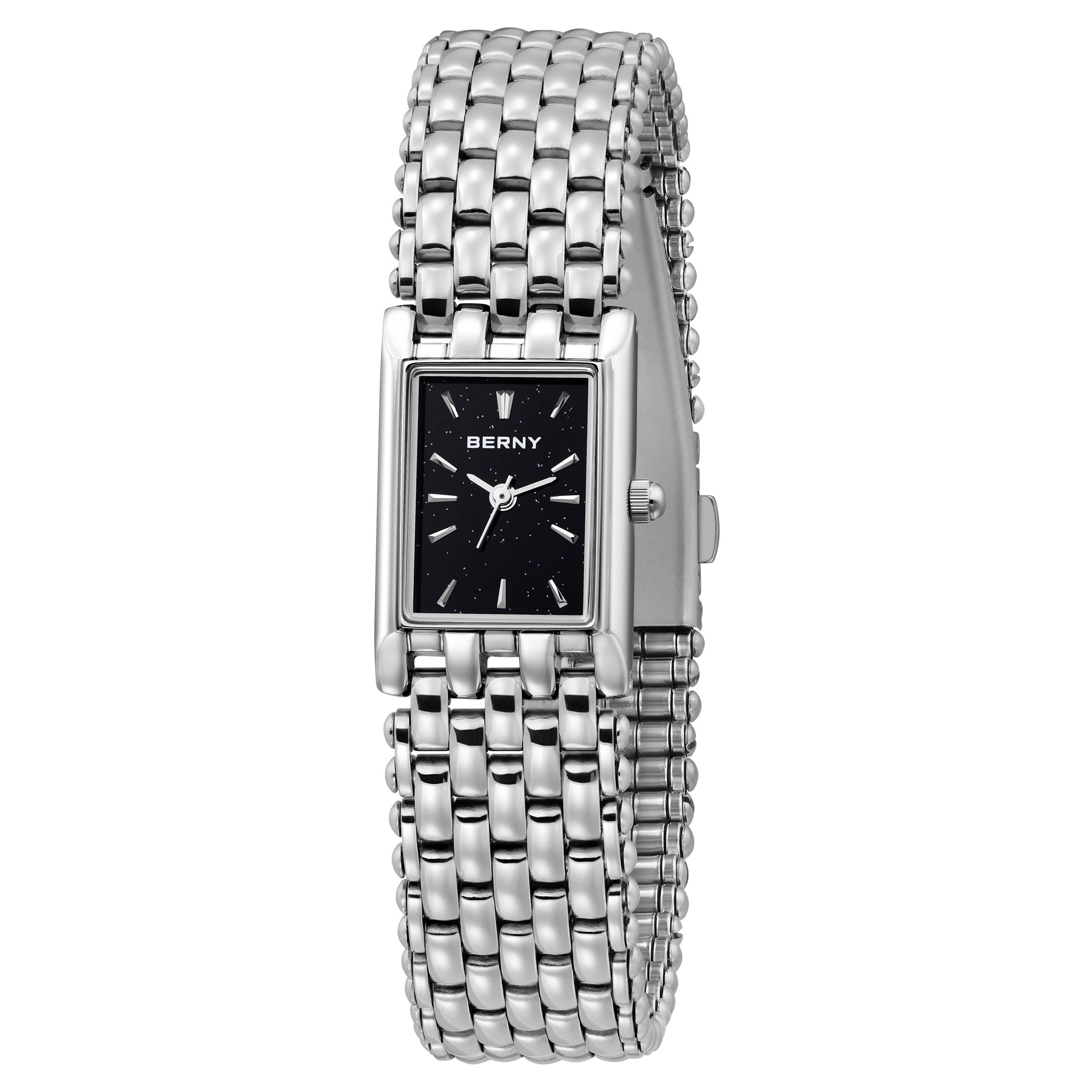 BERNY Small Silver Watches for Women, Dainty Rectangular Women Watch with Stainless Steel Bracelet Band, Japanese Quartz Movement, 3ATM Waterproof, Classic Dress Ladies Wristwatch (Black)
