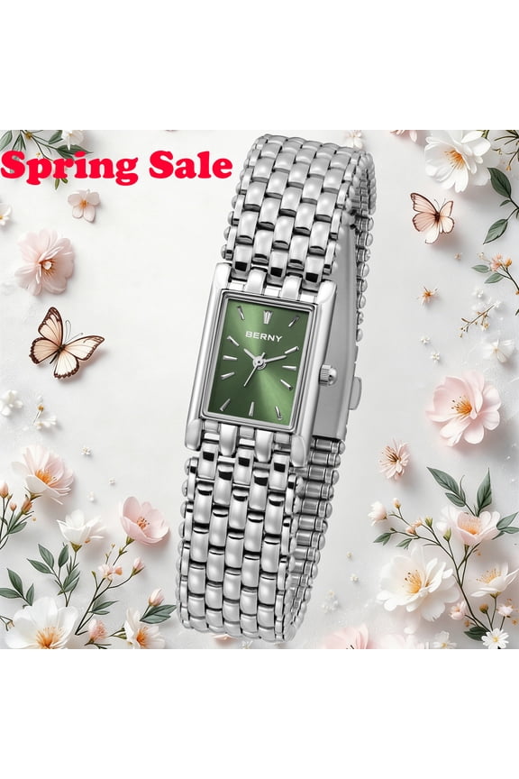 Small Silver Watches for Women, Luxury Dainty Ladies Watches, Rectangular Case, 3ATM Waterproof, Quartz Movement, Stainless Steel Bracelet Women Wristwatch, Silver & Green