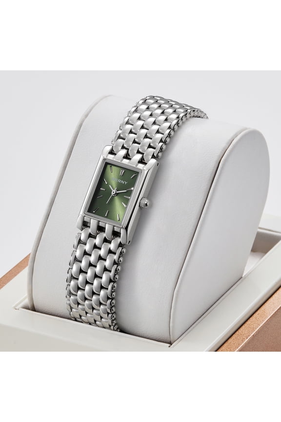 Small Silver Watches for Women, Luxury Dainty Ladies Watches, Rectangular Case, 3ATM Waterproof, Quartz Movement, Stainless Steel Bracelet Women Wristwatch, Silver & Green