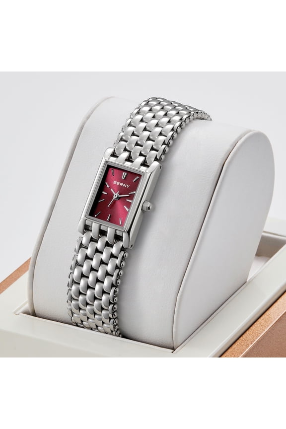 Small Silver Watches for Women, Luxury Dainty Ladies Watches, Rectangular Case, 3ATM Waterproof, Quartz Movement, Stainless Steel Bracelet Women Wristwatch, Silver & Red