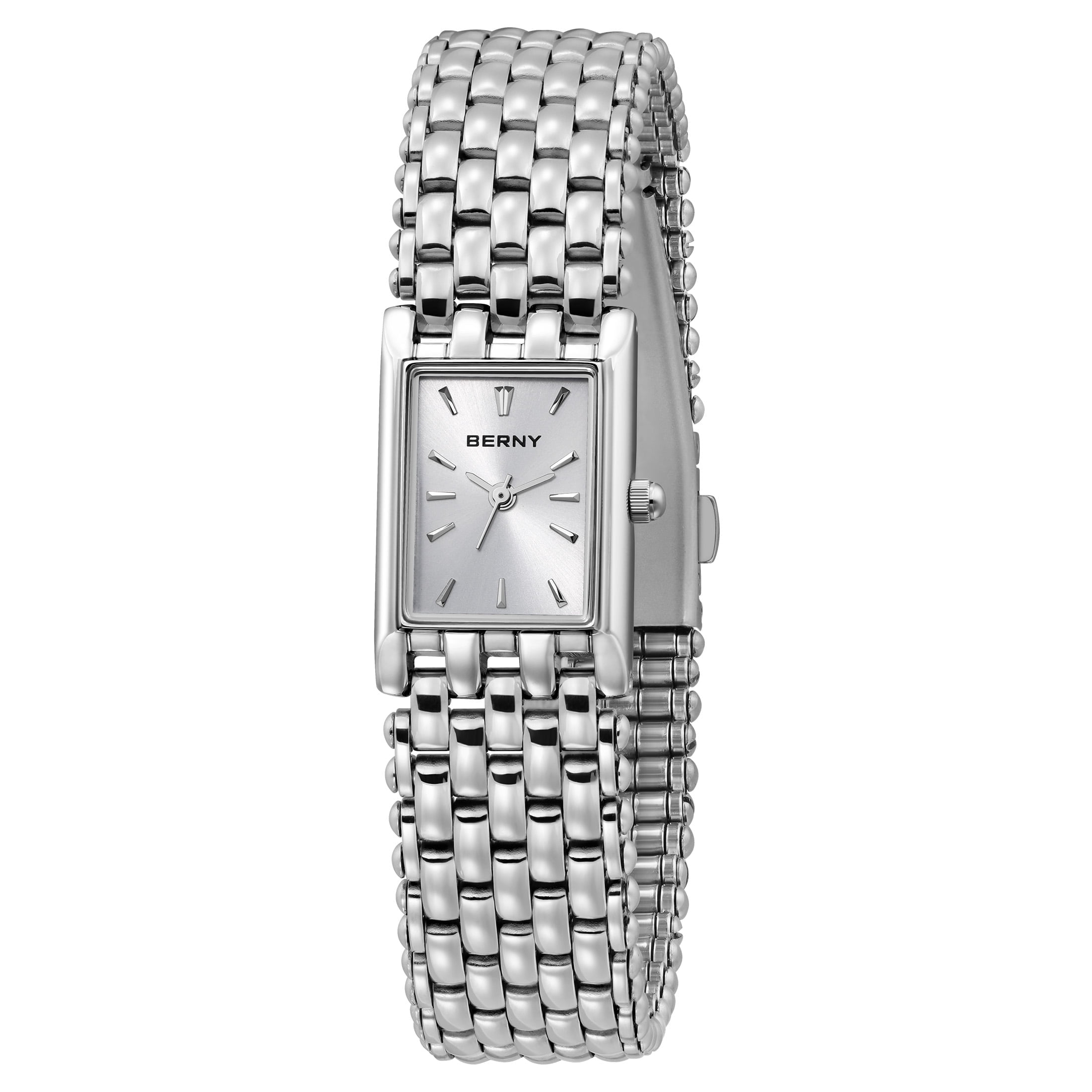 BERNY Small Silver Watches for Women, Dainty Rectangular Women Watch with Stainless Steel Bracelet Band, Japanese Quartz Movement, 3ATM Waterproof, Classic Dress Ladies Wristwatch (Silver)