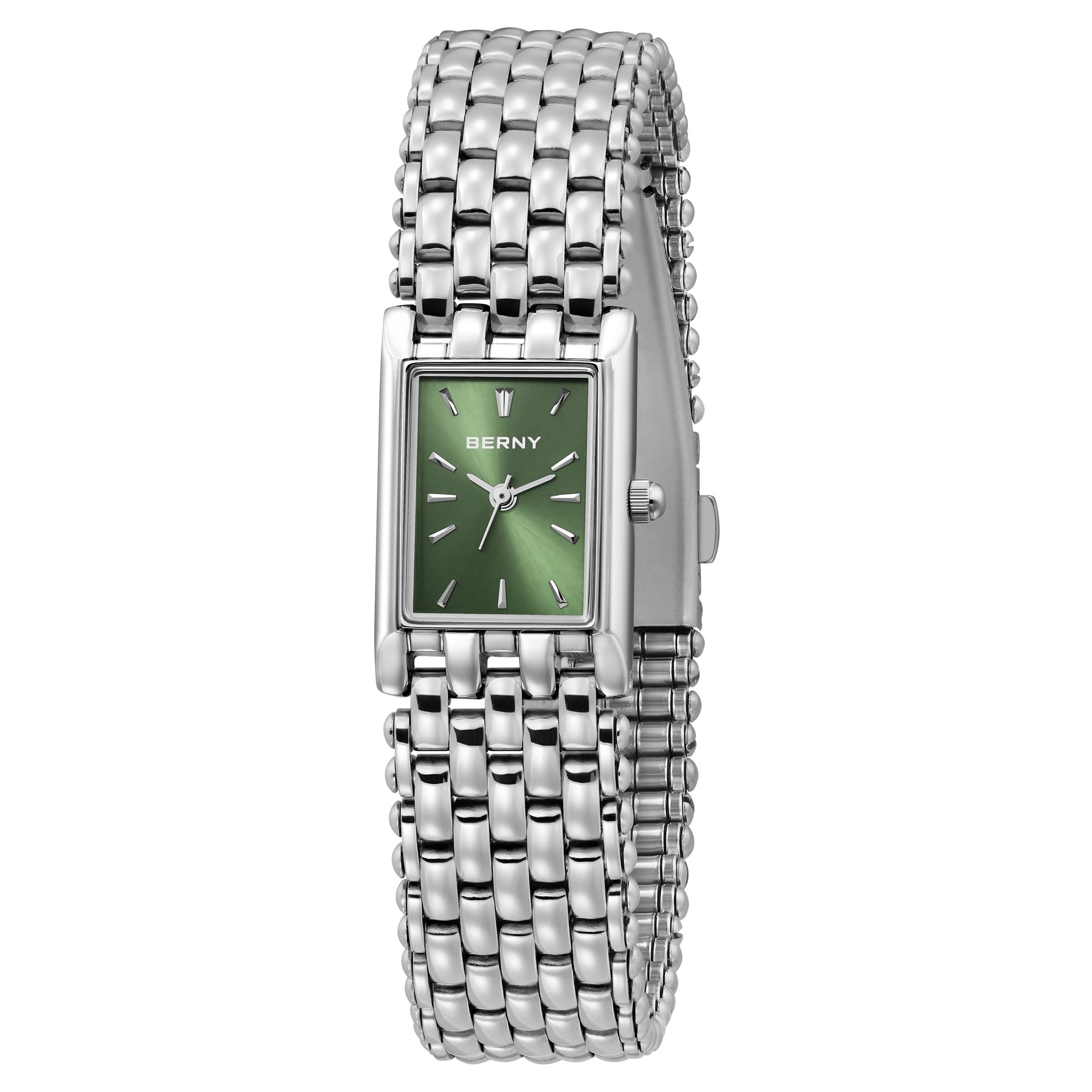 BERNY Small Silver Watches for Women, Dainty Rectangular Women Watch with Stainless Steel Bracelet Band, Japanese Quartz Movement, 3ATM Waterproof, Classic Dress Ladies Wristwatch (Green)