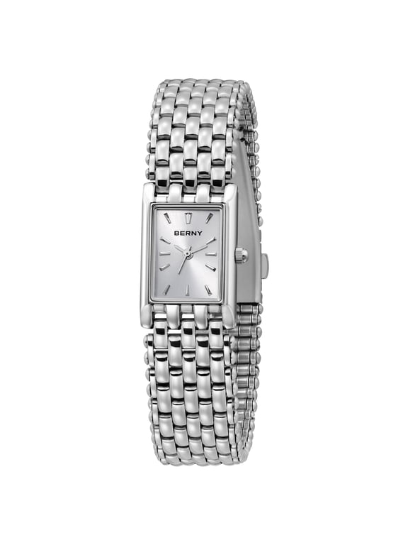 Small Silver Watch for Women, Japanese Quartz Movement, Rectangular Case, Stainless Steel, Waterproof, Dainty Luxury Dress Wristwatch, Silver