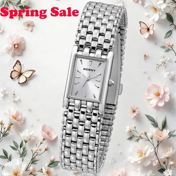 BERNY Small Silver Watches for Women, Luxury Dainty Ladies Watches, Rectangular Case, 3ATM Waterproof, Quartz Movement, Stainless Steel Bracelet Women Wristwatch, Silver