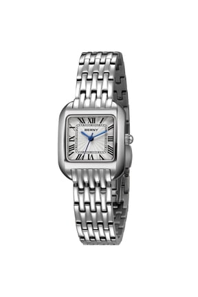 Small Silver Watches for Women, Fashion Ladies Analog Quartz Watch with Square Roman Numeral Dail, Stainless Steel Bracelet, Waterproof, Vintage Womens Wristwatches, White