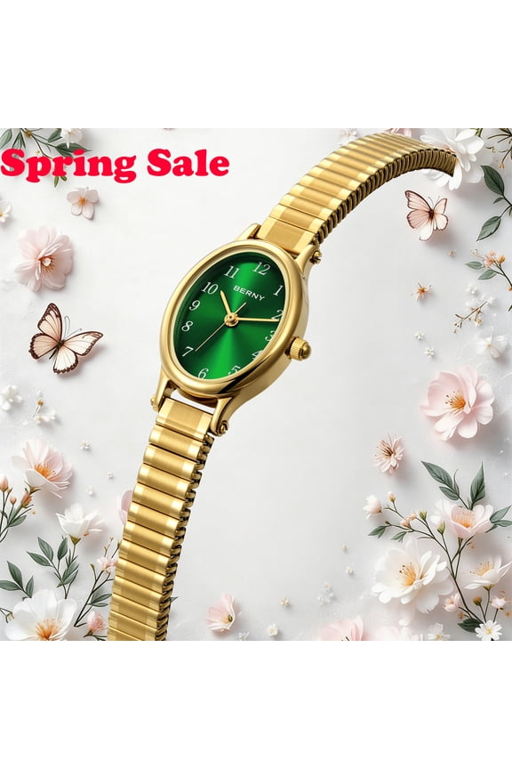 Gold Watches for Women, Small Dressy Ladies Watches with Expansion Stretch Band, Oval Shaped Case, Easy Reading Arabic Numeral Dial, Birthday Gifts for Women, Green