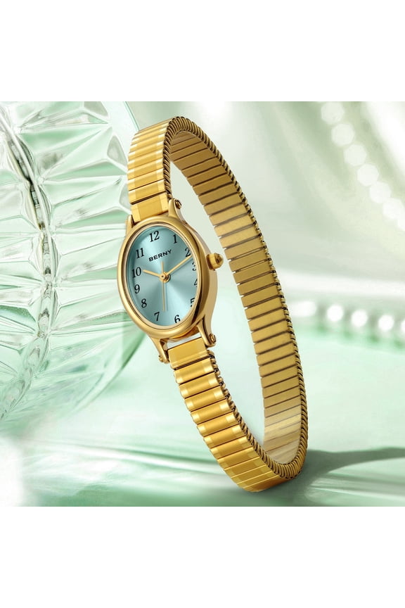 Small Gold Watches for Women, Dainty Luxury Oval Dial, Expansion Band Watch, Fashion Ladies Analog Quartz Watch, Waterproof Women Wristwatch Gifts, Light Blue
