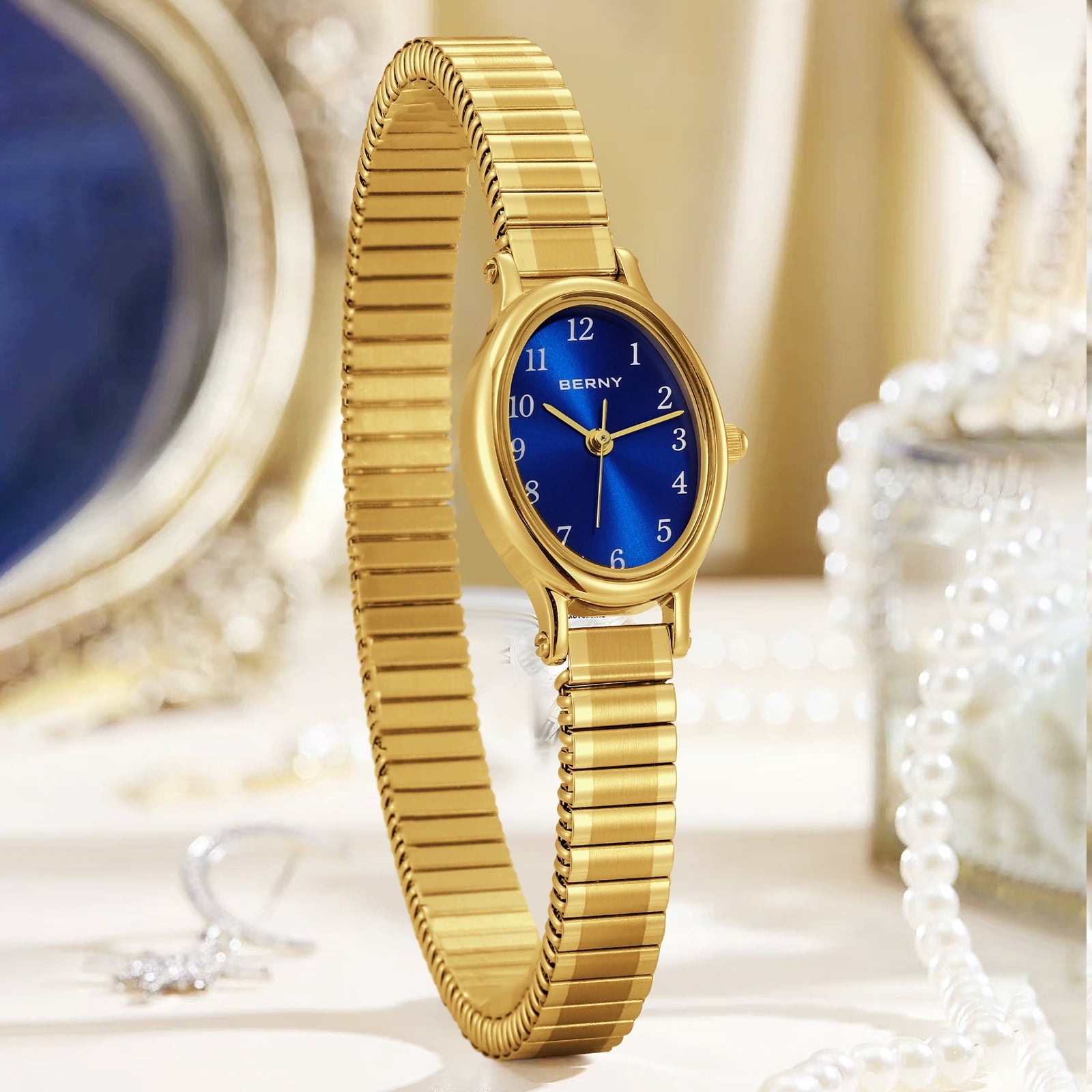 BERNY Gold Watches for Women, Vintage Women's Wrist Watch with Oval Dial, Expansion  Band, 3ATM Waterproof, Dainty Ladies Analog Quartz Watches, Blue