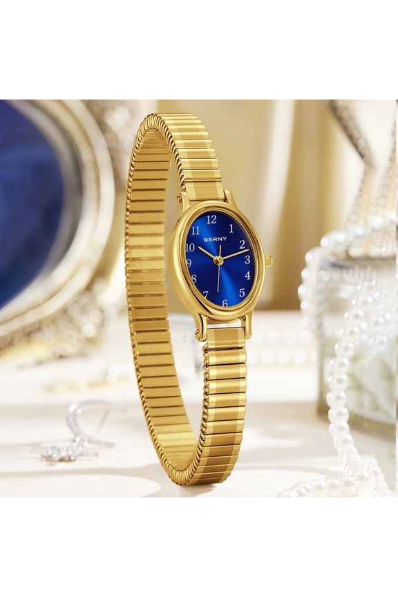 Gold Watches for Women, Small Dressy Ladies Watches with Expansion Stretch Band, Oval Shaped Case, Easy Reading Arabic Numeral Dial, Birthday Gifts for Women, Blue