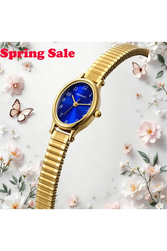 Gold Watches for Women, Small Dressy Ladies Watches with Expansion Stretch Band, Oval Shaped Case, Easy Reading Arabic Numeral Dial, Birthday Gifts for Women, Blue