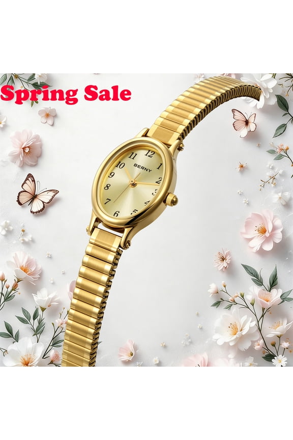 Gold Watches for Women, Small Dressy Ladies Watches with Expansion Stretch Band, Oval Shaped Case, Easy Reading Arabic Numeral Dial, Birthday Gifts for Women, Gold