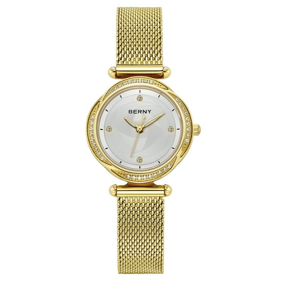 BERNY Small Gold Watches for Women Dainty Ladies Wrist Watch with Rose Shaped Case, Zircon on Bezel and Stainless Steel Mesh Band, Luxury Birthday Gifts