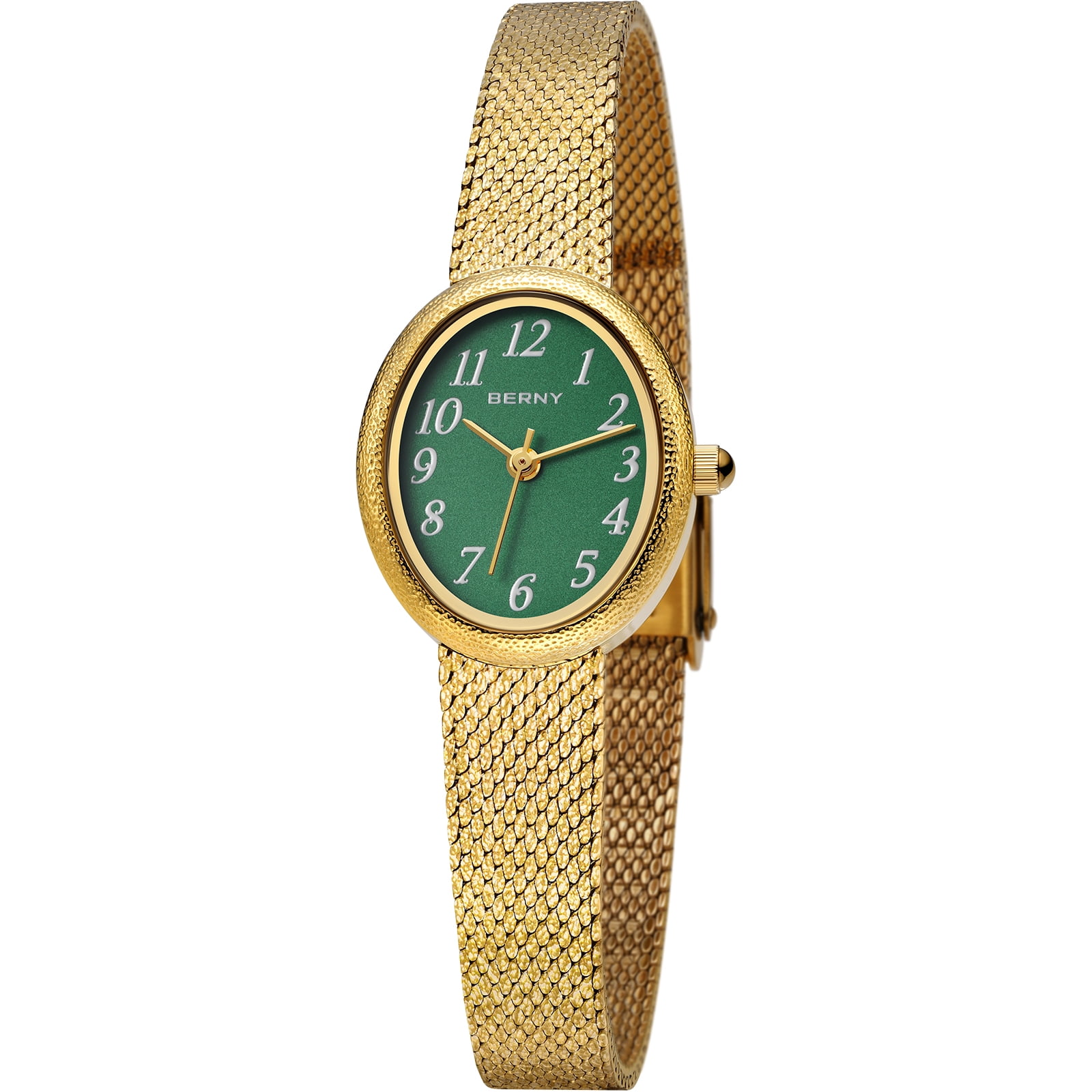 BERNY Small Gold Watches for Women, Dainty Easy to Read Oval Dial, Vintage Stainless Steel Bracelet Watch, Adjustable Mesh Band, Waterproof, Luxury Ladies Analog Quartz Wrist Watch Gifts (Green)