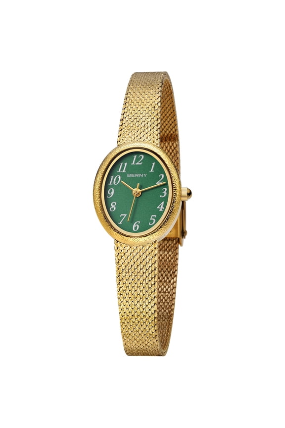 Small Gold Watches for Women, Dainty Luxury Easy to Read Oval Dial, Vintage Stainless Steel Bracelet Watch, Adjustable Mesh Band, Waterproof, Fashion Ladies Quartz Analog Wrist Watch (Green)