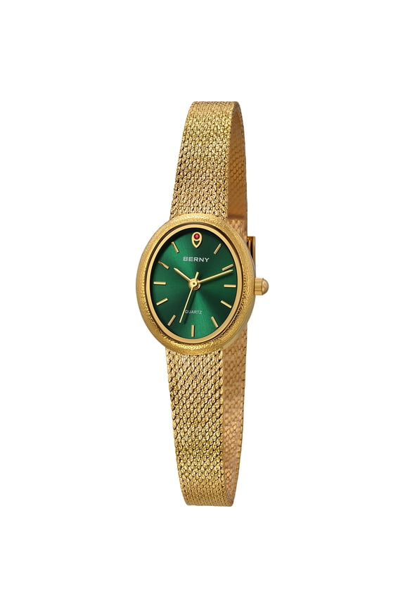 Small Gold Watches for Women, Dainty Minimalist Oval Dial, Vintage Stainless Steel Bracelet Watch, Adjustable Mesh Band, Waterproof, Luxury Ladies Analog Quartz Wrist Watch Gifts (Green)