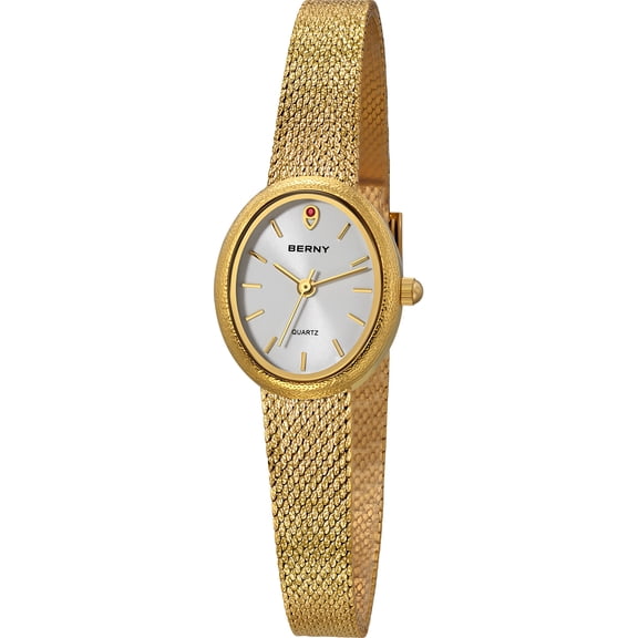 BERNY Small Gold Watches for Women, Dainty Minimalist Oval Dial, Vintage Stainless Steel Bracelet Watch, Adjustable Mesh Band, Waterproof, Luxury Ladies Analog Quartz Wrist Watch Gifts (White)