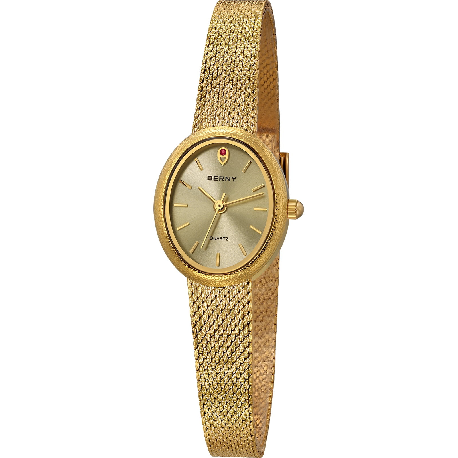 BERNY Small Gold Watches for Women, Dainty Minimalist Oval Dial, Vintage Stainless Steel Bracelet Watch, Adjustable Mesh Band, Waterproof, Luxury Ladies Analog Quartz Wrist Watch Gifts (Gold)